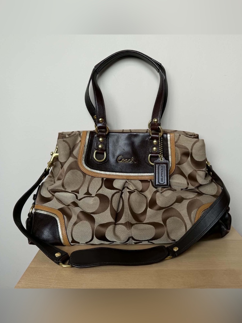 Coach Ashley tan brown signature carryall bag F17446